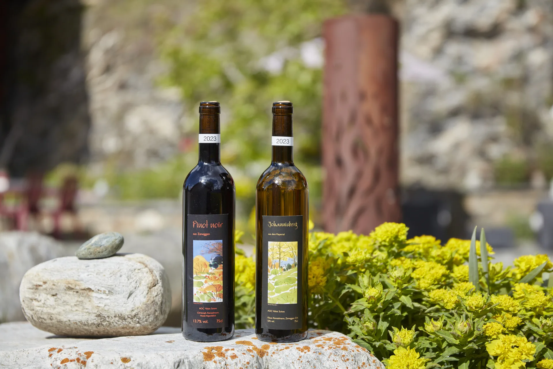 Zwei Flaschen Eigänä 2023 – Pinot noir und Johannisberg auf Naturstein mit Blumen