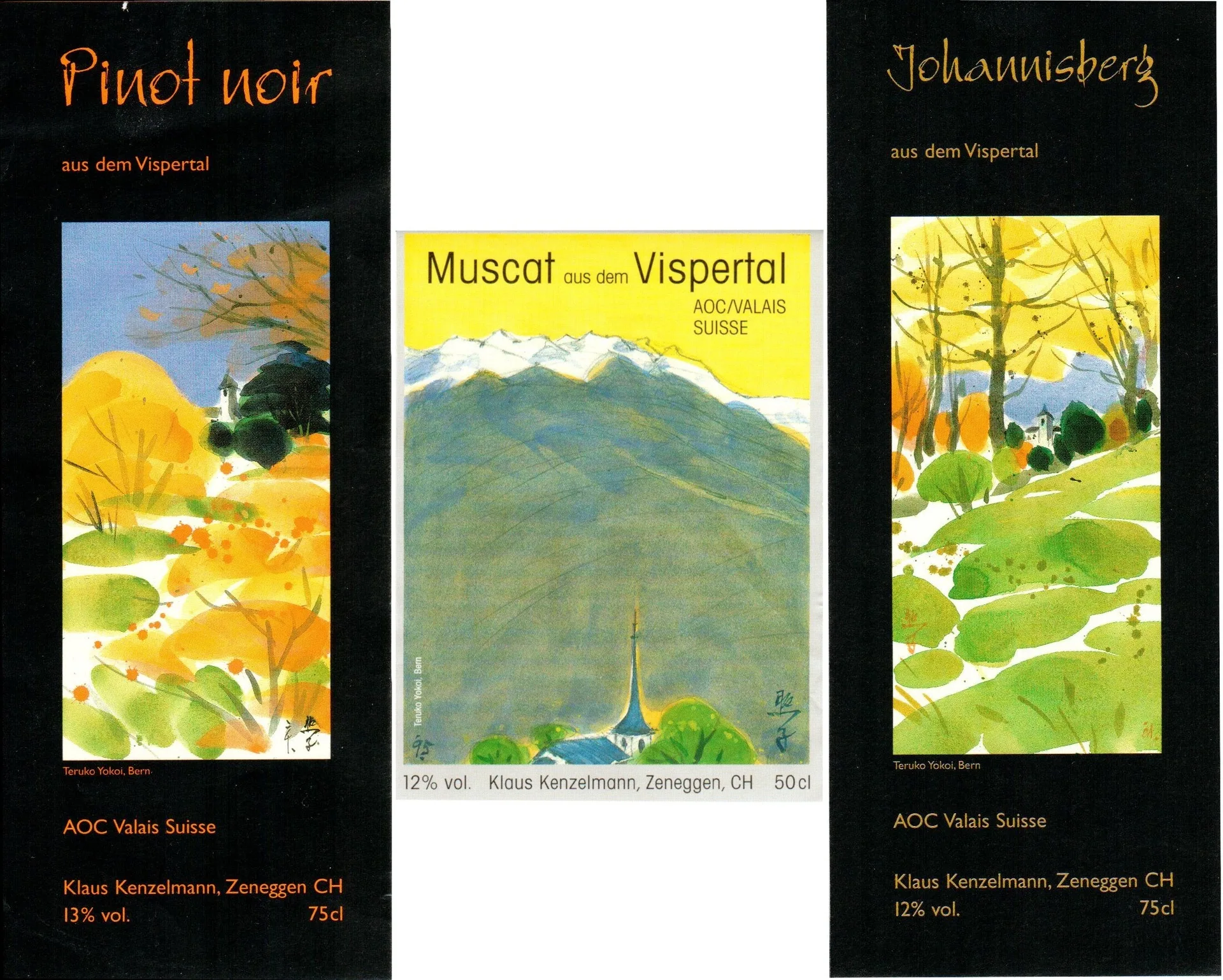Drei Wegetiketten Eigänä – Pinot noir, Muscat und Johannisberg, gemalt von Teruko Yokoi